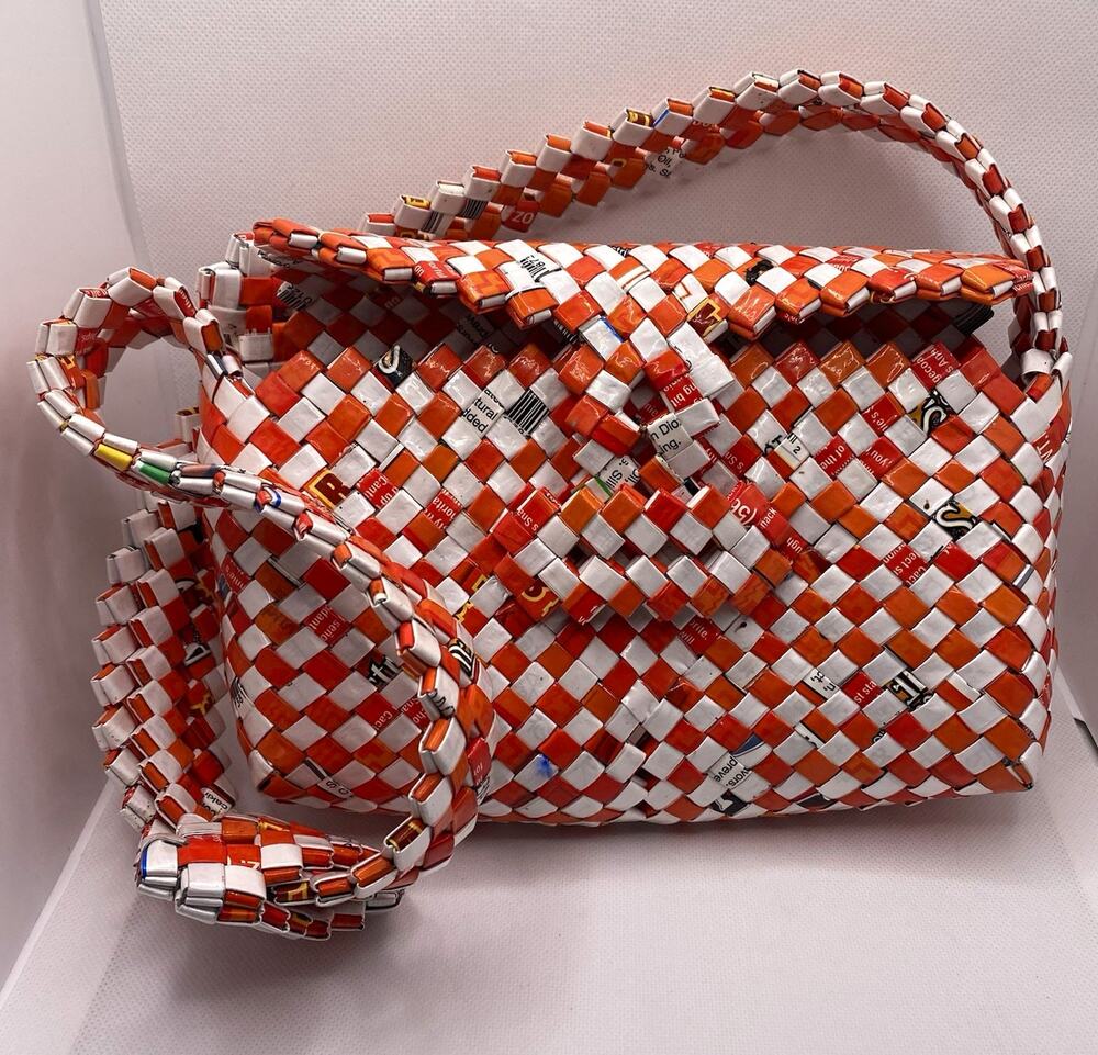 Vintage Handmade Folk Prison Type Tramp Art Woven Wrapper Tote Bag Orange White